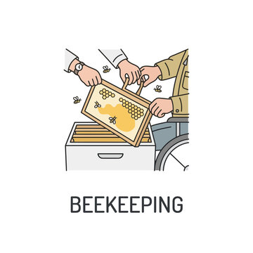 Beekeeper with disability tending to hive with assistance