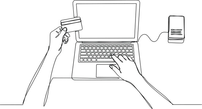 Online payment with credit card, laptop and card reader showing secure ecommerce checkout and digital banking transaction line art illustration