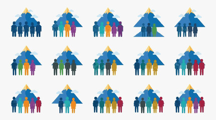 Obraz premium Minimalist Colorful Mountain Climbing Teams with Diverse Figures Against Blue Peaks and Sky with high quality professional line art symbols for modern creative design and digital branding projects