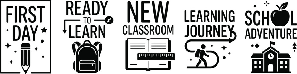 Premium black and white silhouette collection set of back to school typography designs featuring education icons and phrases © MstHasna