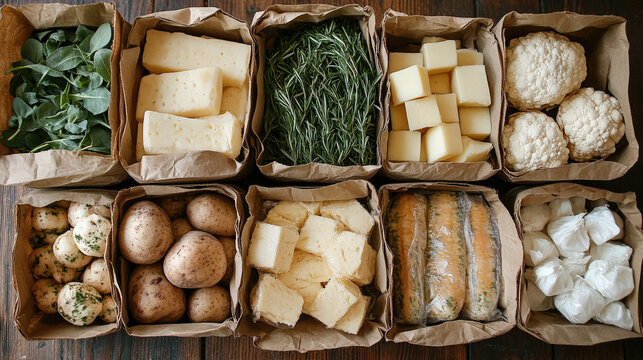 Overhead View of Farm Fresh Ingredients in Paper Bags: Vegetables, Cheese, Potatoes, Herbs, Cauliflower, Carrots