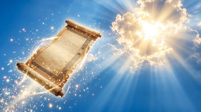 天空へ舞う幻想的な古代の巻物と神々しい光の背景素材