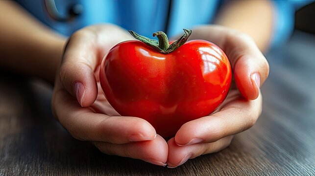 Hands holding a fresh, ripe red tomato, symbolizing healthy eating, organic produce, and natural ingredients.