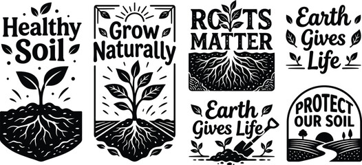 Premium black and white silhouette collection set of environmental typography designs featuring plants soil roots and earth conservation themes © MstHasna