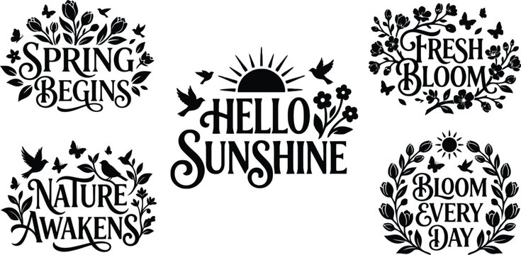 Premium black and white silhouette collection set of colorful spring themed calligraphy quotes and floral decorative design elements