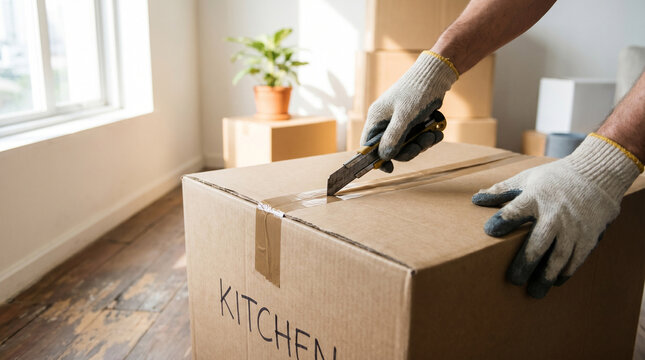 Person unpacking kitchen box with knife while moving indoors  