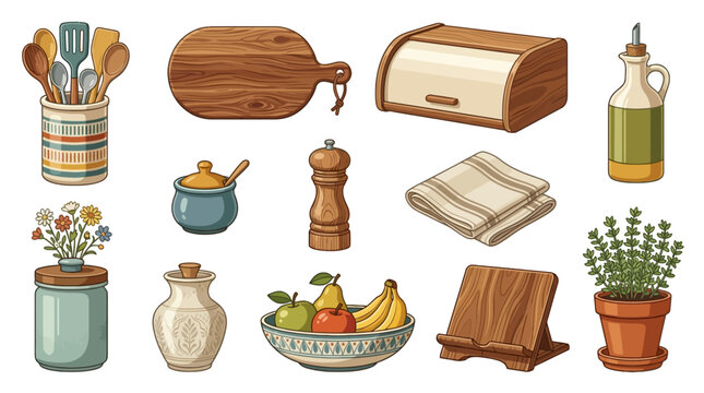 Set of kitchen and cooking utensils, wooden chopping board, bread box, olive oil dispenser, flowers and fruit bowls, pepper grinder, napkins, potted plants for home dining