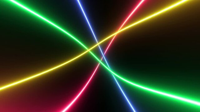 Dynamic colorful neon laser lines swooping and crossing on black background for abstract futuristic technology and energy flow concept