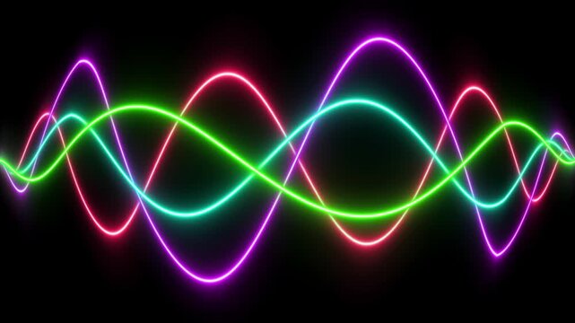 Colorful glowing neon sine wave lines undulating and crossing on black background for music equalizer and sound frequency visualization