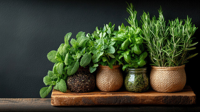 Fresh Culinary Herbs in Decorative Pots on Rustic Wooden Shelf - Basil, Mint, Rosemary