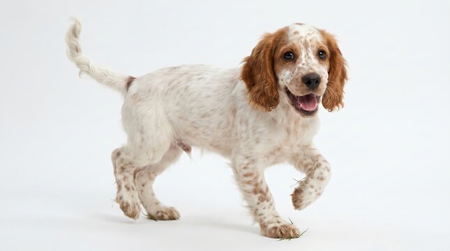 Energetic young english cocker spaniel puppy with white and orange spotted fur standing on a plain white background with a happy expression and mouth open showing a pink tongue