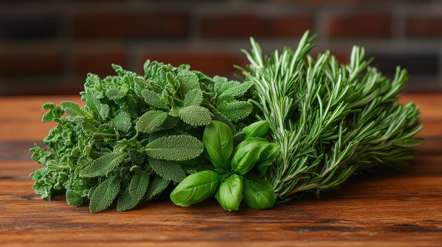 Fresh Culinary Herbs: Mint, Rosemary, and Basil Bundles on Rustic Wooden Table with Brick Background