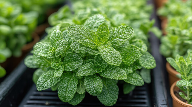 Fresh Mint Plant Growing in Greenhouse, Aromatic Herb with Green Leaves, Organic Garden