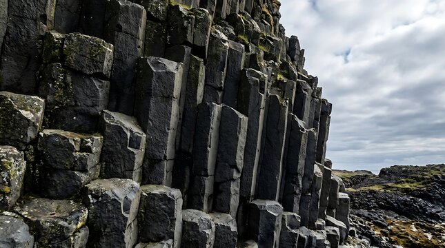 Basalt columns rise vertically from the rugged coastal landscape.