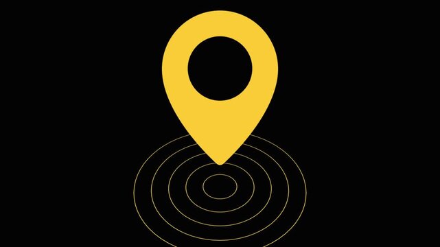 Animated yellow map location pin with expanding radar pulse rings on black background, navigation