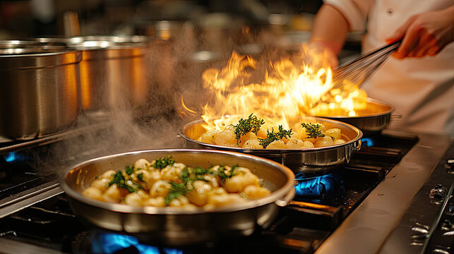 Chef flamb?ing food in pans on a gas stove with flames, steam, and herbs in a professional kitchen.
