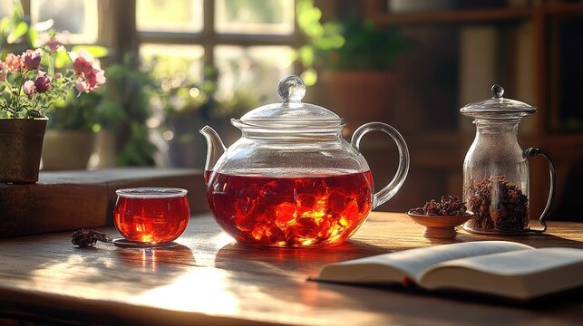 Cozy Afternoon Tea: Sunlit Glass Teapot, Cup, and Open Book on a Wooden Table