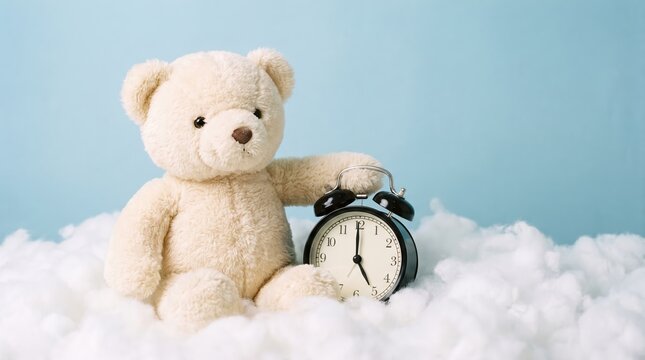Fluffy cream colored teddy bear sitting on soft white cotton clouds holding a black analog alarm clock against a plain light blue background