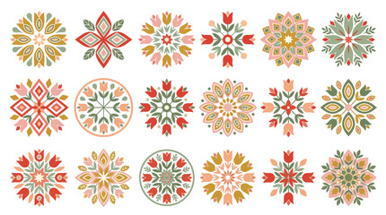 Set of decorative floral mandalas featuring stylized tulip motifs in a soft pastel color palette. © Pink