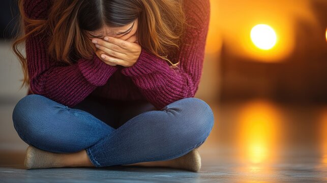 Young Woman Crying, Hiding Face in Hands, Feeling Sadness and Despair Sitting on Floor, Warm Light Background