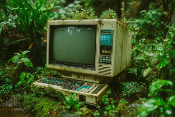 Fototapeta premium Abandoned Vintage Computer Overgrown With Moss And Lush Tropical Greenery In A Damp Forest Setting