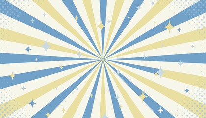 Fototapeta premium Comic style radial sunburst background with soft pastel blue and butter yellow rays, vector illustration featuring gentle halftone dots and sparkling stars, whimsical pop art design for baby and kids 