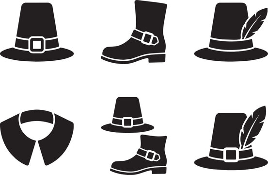 Pilgrim clothing icons set with hats, boots, and collar