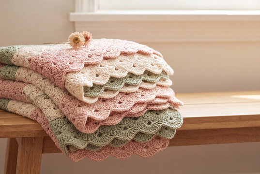 Crocheted blankets photo for cozy home background with handmade pastel textile stack