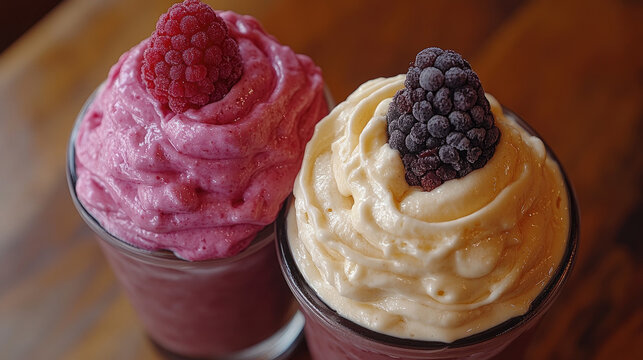 Delicious Berry Smoothie and Vanilla Frozen Dessert Topped with Fresh Fruit in Glasses