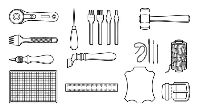 Lineart of various hand tools and hardware items, including screwdriver, hammer, saw, ruler, and nails, suitable for construction, repair, or DIY projects.