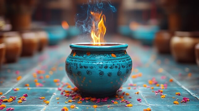 Sacred Teal Urn Ablaze with Flickering Flames and Smoke, Adorned with Floral Petals on Tiled Floor