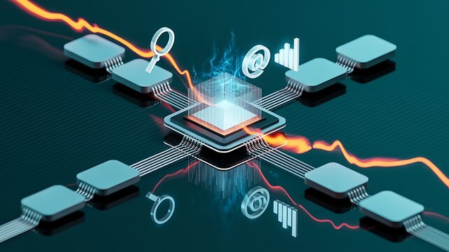 High-tech central processing unit with interconnected electronic modules and glowing data streams symbolizing advanced computing and modern digital networking