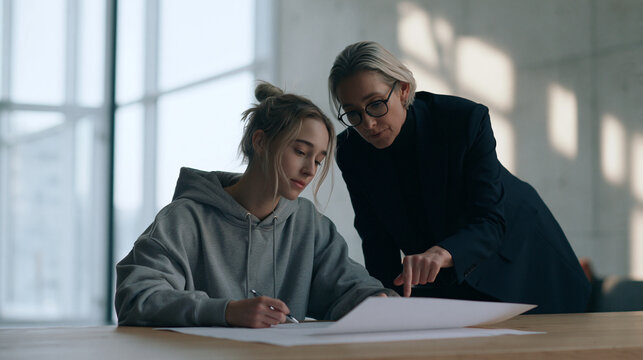 Senior female teacher mentoring young female student pointing at document paper on desk in bright classroom space.