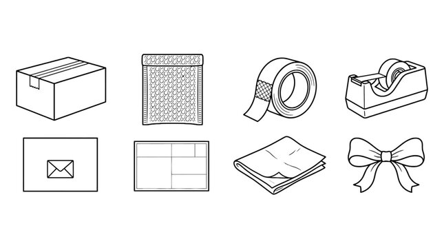 Assorted Packaging and Office Supplies Concept Illustration for Shipping and Organization with Box Tape Remote Tape Folder Bow Gift Card Envelope or Notebook