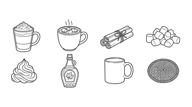 Black and White Line Art of Hot Chocolate, Marshmallows, Cinnamon Sticks, Candy, Whipped Cream, Maple Syrup, Mug, Orange Slice for Winter Comfort and Beverage Illustration