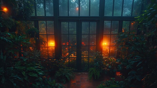 Mysterious Greenhouse at Dusk with Warm Lights and Lush Foliage