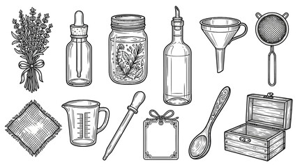 Obraz premium Hand-drawn herbal tea set with jars, mugs, strainer, and essential oil bottles for natural wellness and tea brewing illustration
