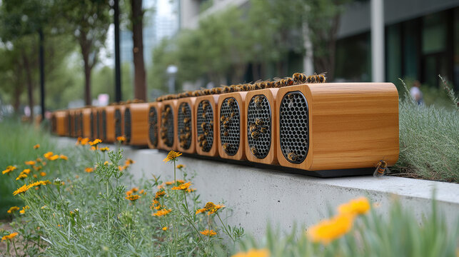 Urban Bee Hotel Installation with Pollinators in Wooden Cavities, Greenery and Flowers