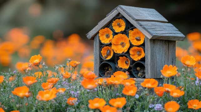 Cozy Bee Hotel Sanctuary Amidst Vibrant Orange Wildflowers and Delicate Purple Blooms, Nature's Insect Haven