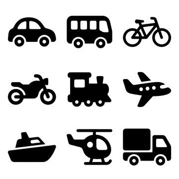 Diverse Transportation Icons Including Car, Bus, Bicycle, Motorcycle, Train, Airplane, Boat, Helicopter, and Truck