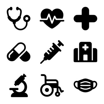 Collection of Simple Black Medical Healthcare Icons and Symbols Set