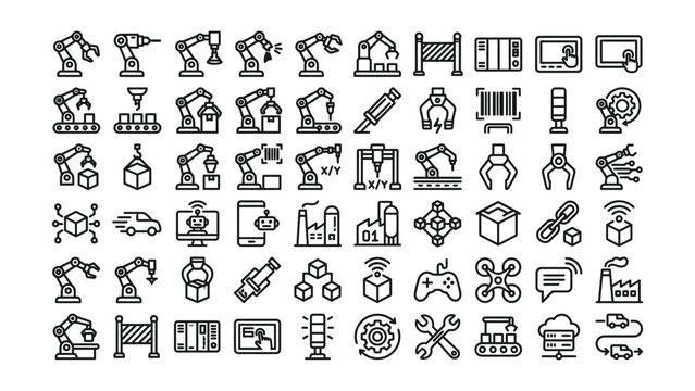 Industrial automation and robotics manufacturing technology icons