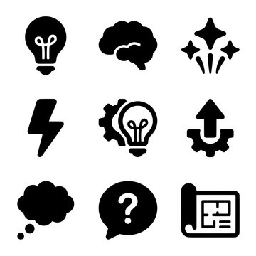 Black Icon Set Representing Brainstorming, Creativity, Problem Solving, and Planning Concepts