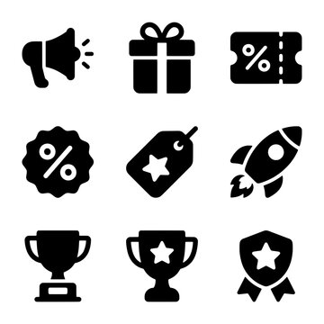 Collection of Black Icons Representing Sales, Gifts, and Achievement Symbols