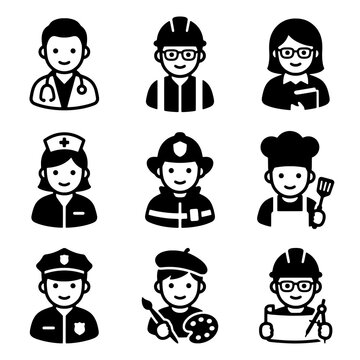Set of Diverse Profession Avatars with Different Uniforms and Tools in Simple Outline Style