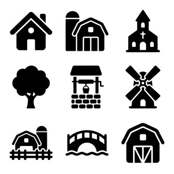 Collection of Farm and Rural Scene Building and Element Icons