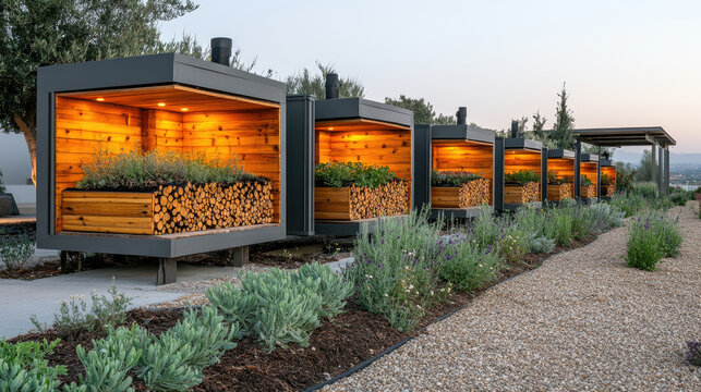Modern Outdoor Living Pods with Integrated Planters and Warm Illumination