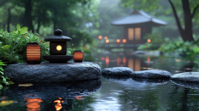 Tranquil Japanese Garden with Stone Lanterns and Pagoda at Dusk, Serene Evening Atmosphere