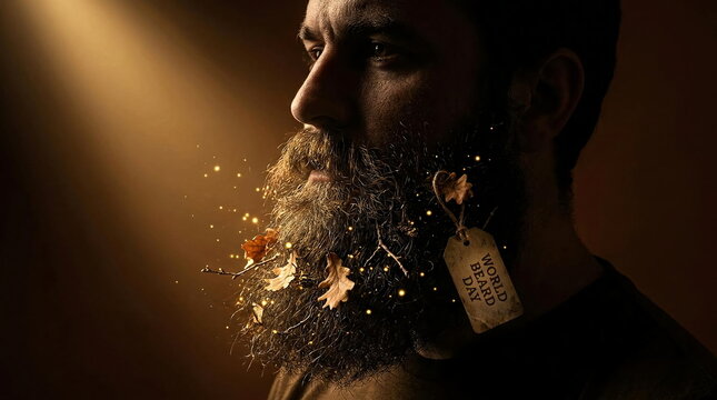 Man with beard decorated with autumn leaves for celebration.