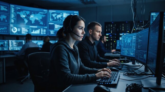 Female IT specialist with headset and colleagues monitoring network data on multiple screens in a dark control room for cybersecurity operations